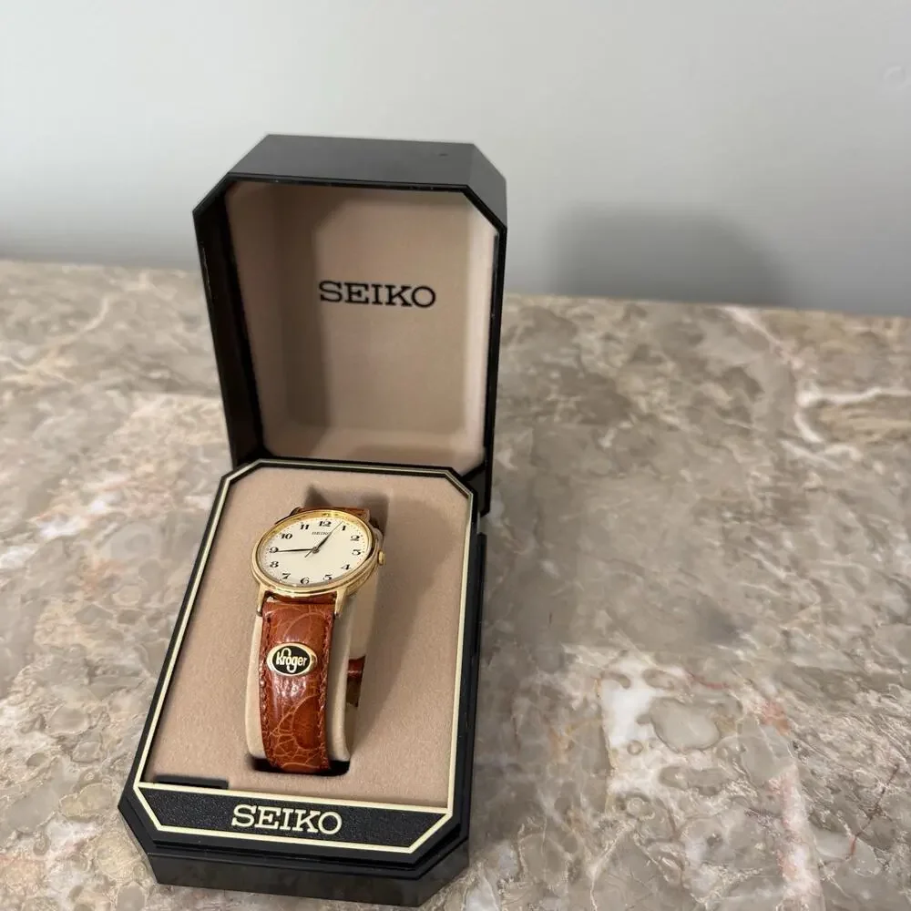 VTG Seiko Women Gold Tone Flat Round Watch Kroger Emblem Calf Leather JAPAN New